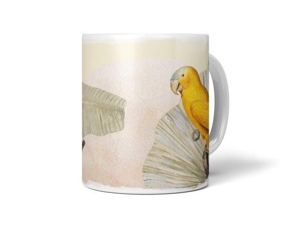 Dekorative Tasse mit schönem Vogel Motiv Wellensittiche exotisch Bunt Kunstvoll Vintage Pastelltöne
