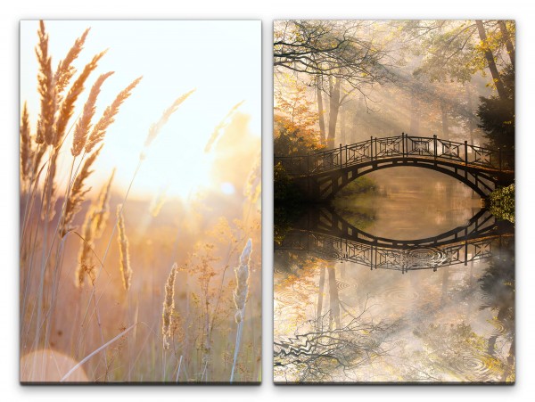 2 Bilder je 60x90cm Weizenfeld Wald Holzbrücke Sonnenstrahlen Märchenhaft Träumerisch Fluss