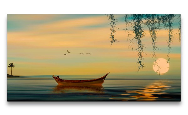 Leinwandbild 120x60cm Boot Meer Sonne Malerisch Natur Wunderschön Kunstvoll