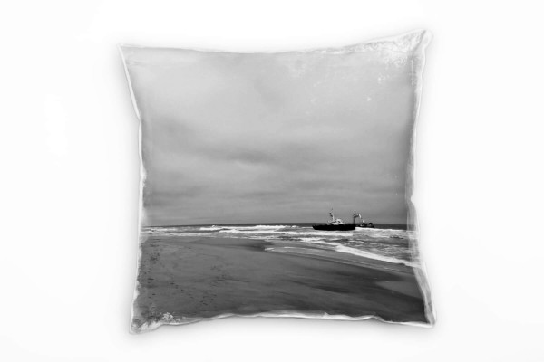 Strand und Meer, schwarz, weiß, Schiffsfrack Deko Kissen 40x40cm für Couch Sofa Lounge Zierkissen