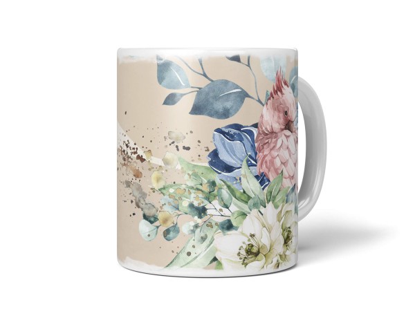 Dekorative Tasse mit schönem Vogel Motiv Papagei Blumen Blüten Kunstvoll einzigartiges Design
